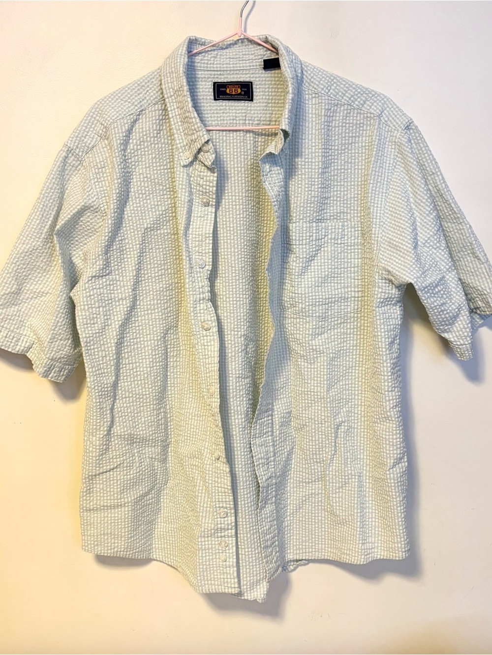 Route 66 Cotton Short Sleeve Button Down Collared Shirt Green White Mens Medium